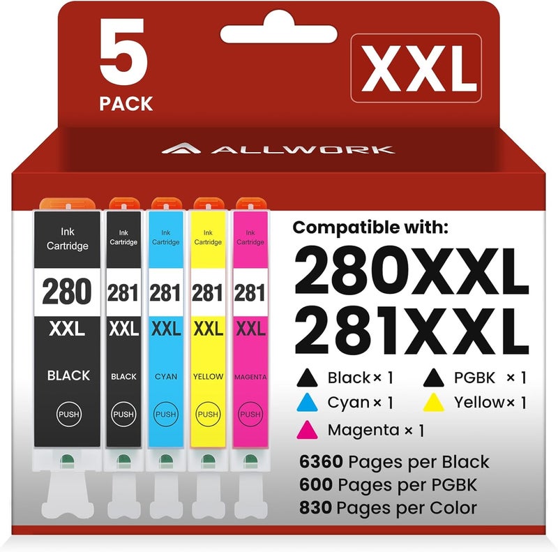 ALLWORK 280XXL 281XXL Compatible Replacement for Canon 280 281 TR8620a Ink Cartridges PGI-280XXL CLI-281XXL 280 XXL 281 XXL Compatible with TR8620 TS702a TS9521C TR8520 TS6220 TS6320 TS8220 5-Pack - Image 1